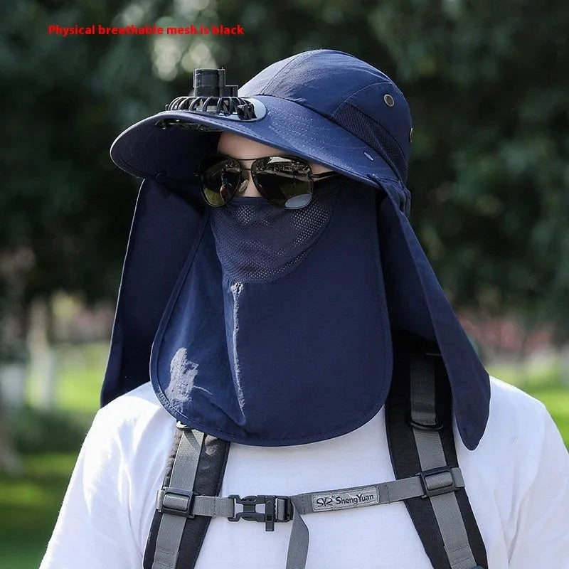 Men's khaki sun hat with built-in USB fan, face covering, and extended neck protection shawl.