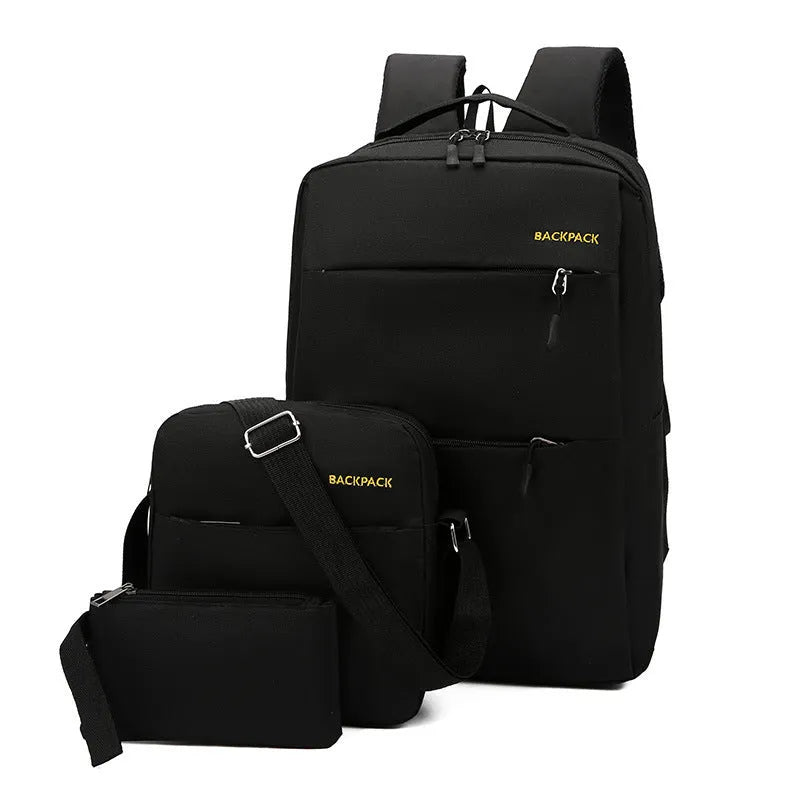 Men's wine red three-piece nylon bag set with USB port, showing internal computer compartment and air pillow straps.