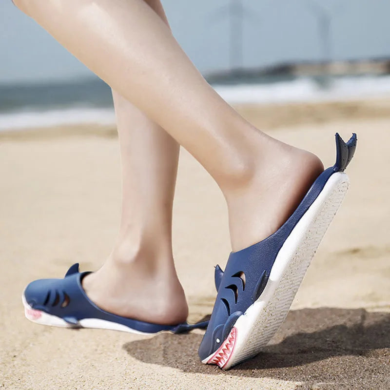 Shark PVC flat slippers for women and men in blue, size 40/41, side view