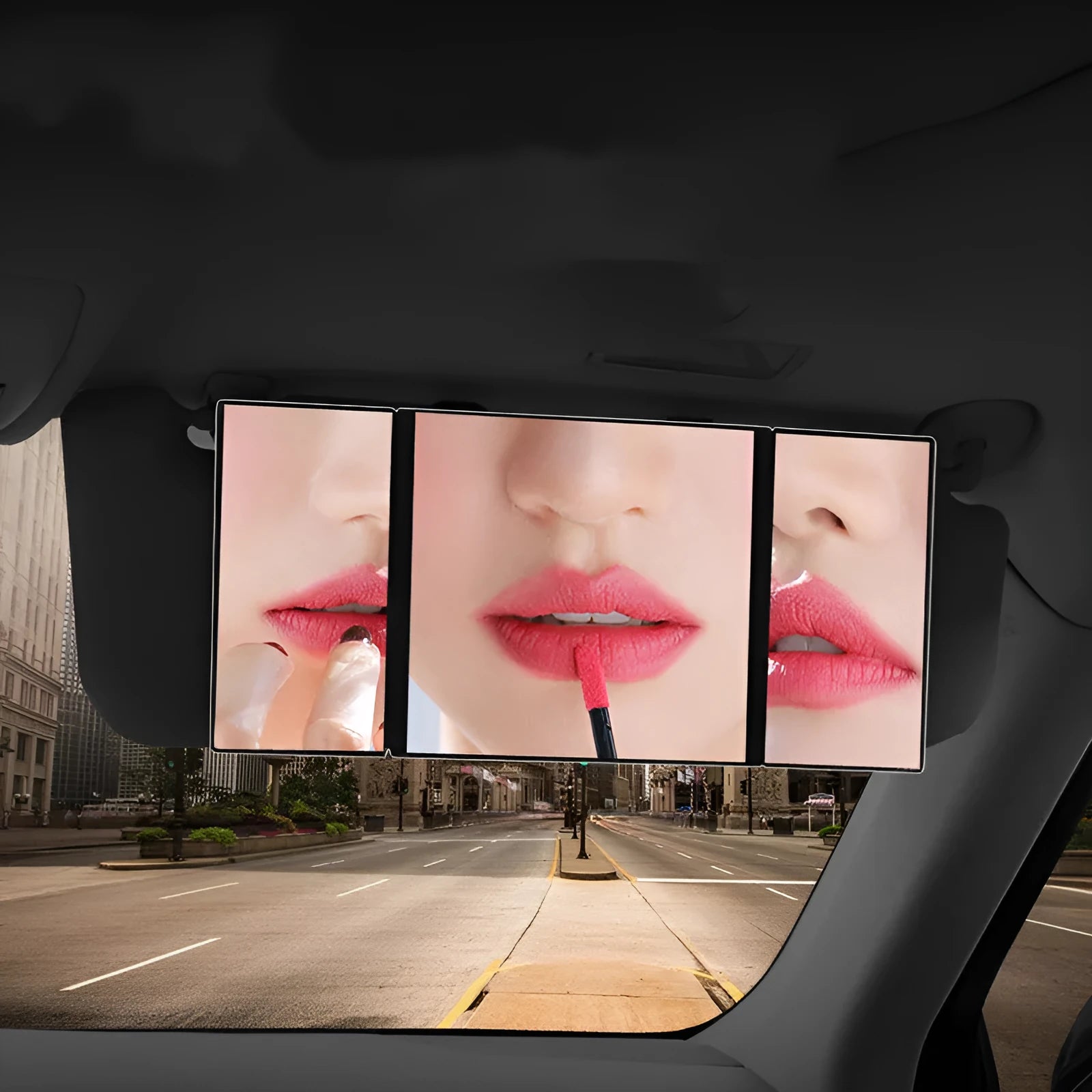 Silver car visor folding makeup mirror shown closed and open, with ABS plastic frame.