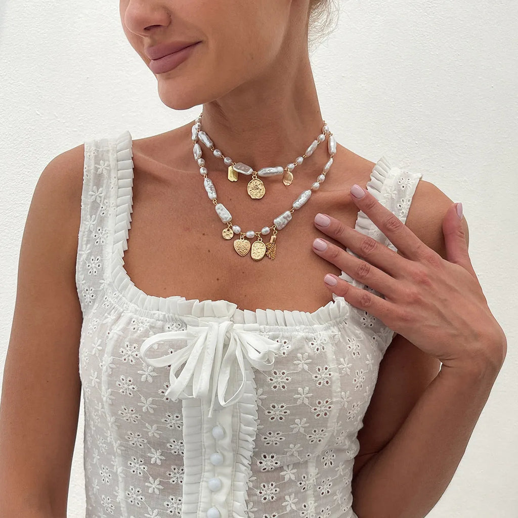 French pearl clavicle necklace with geometric shell pendant, Gold or White, 41-50cm chain