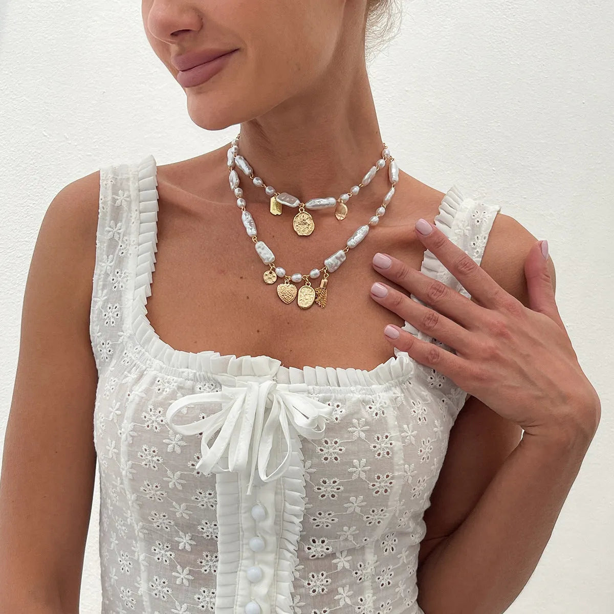 French pearl clavicle necklace with geometric shell pendant, Gold or White, 41-50cm chain