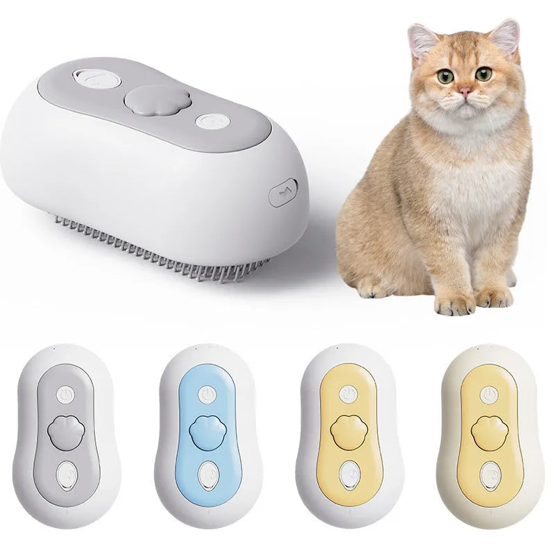 A handheld grey cat grooming massage comb with a brush head and built-in spray nozzle.