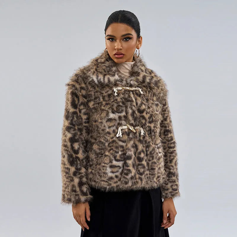 Women's leopard print coat with a buckle lapel front, shown in street fashion style
