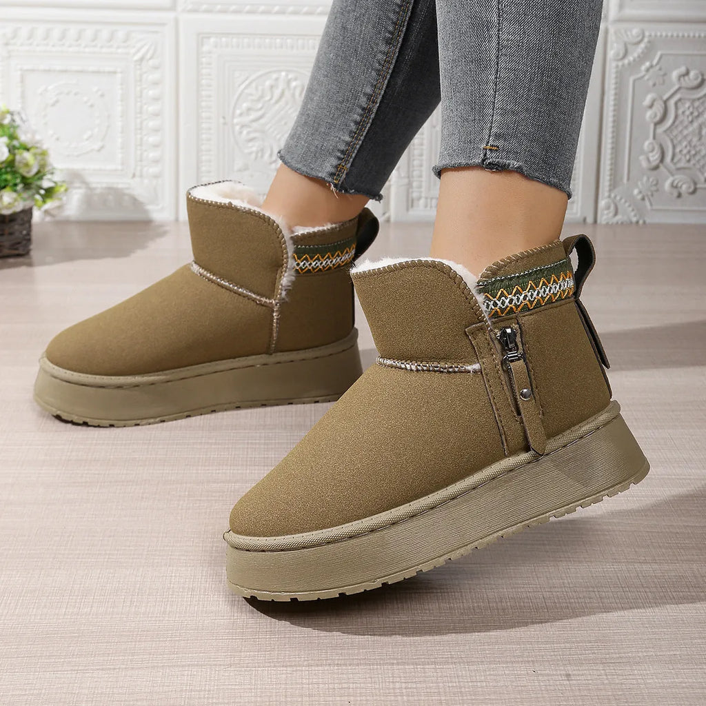Side zipper thick sole height increasing snow boots for women in cow suede leather, black brown khaki colours