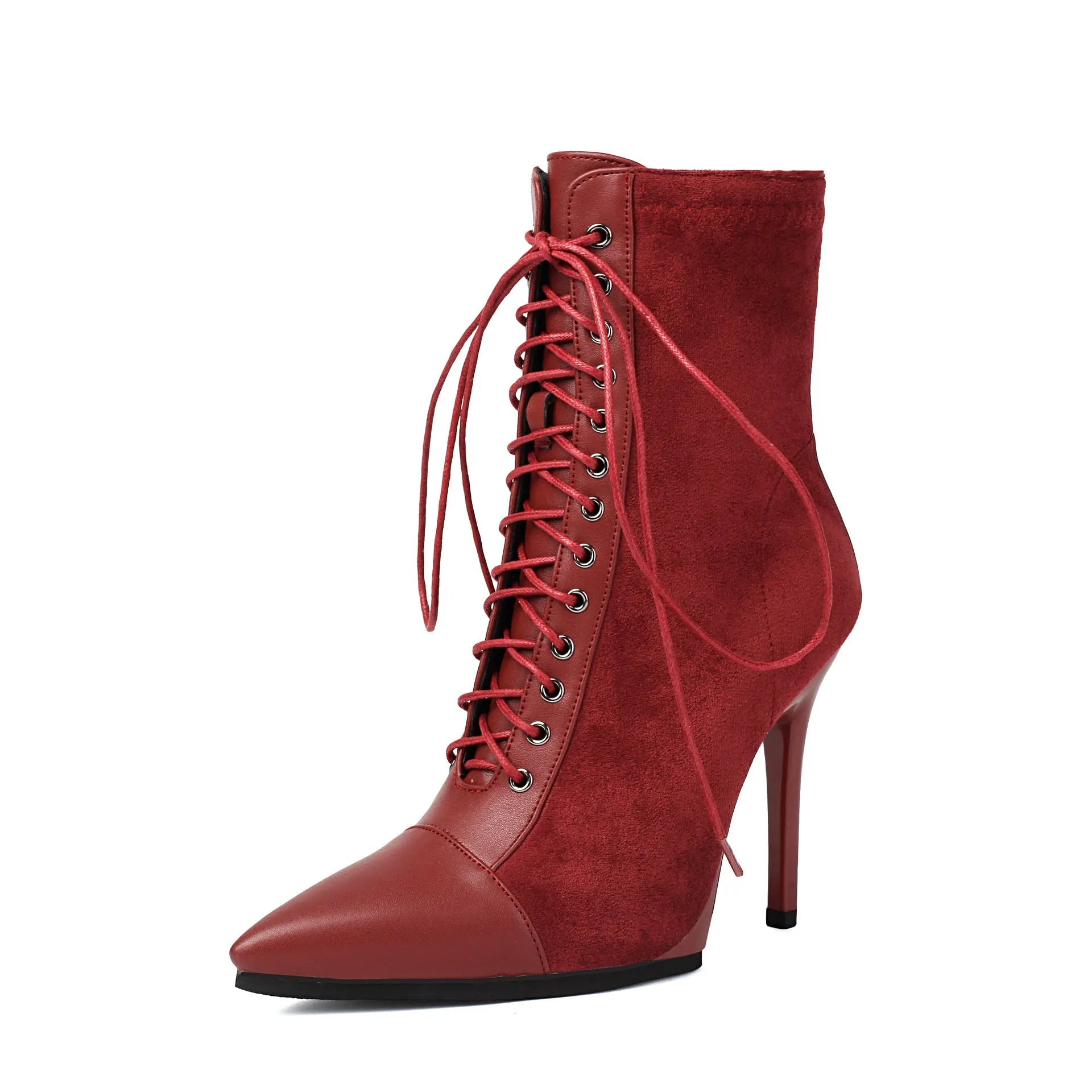 Women's suede drawstring patchwork knight boots with stiletto heel and back zipper