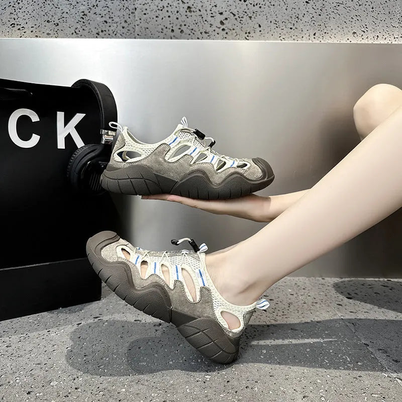 Women's Roman sandals in Quicksand Gray with pig suede leather upper, round toe, and ribbon stitching