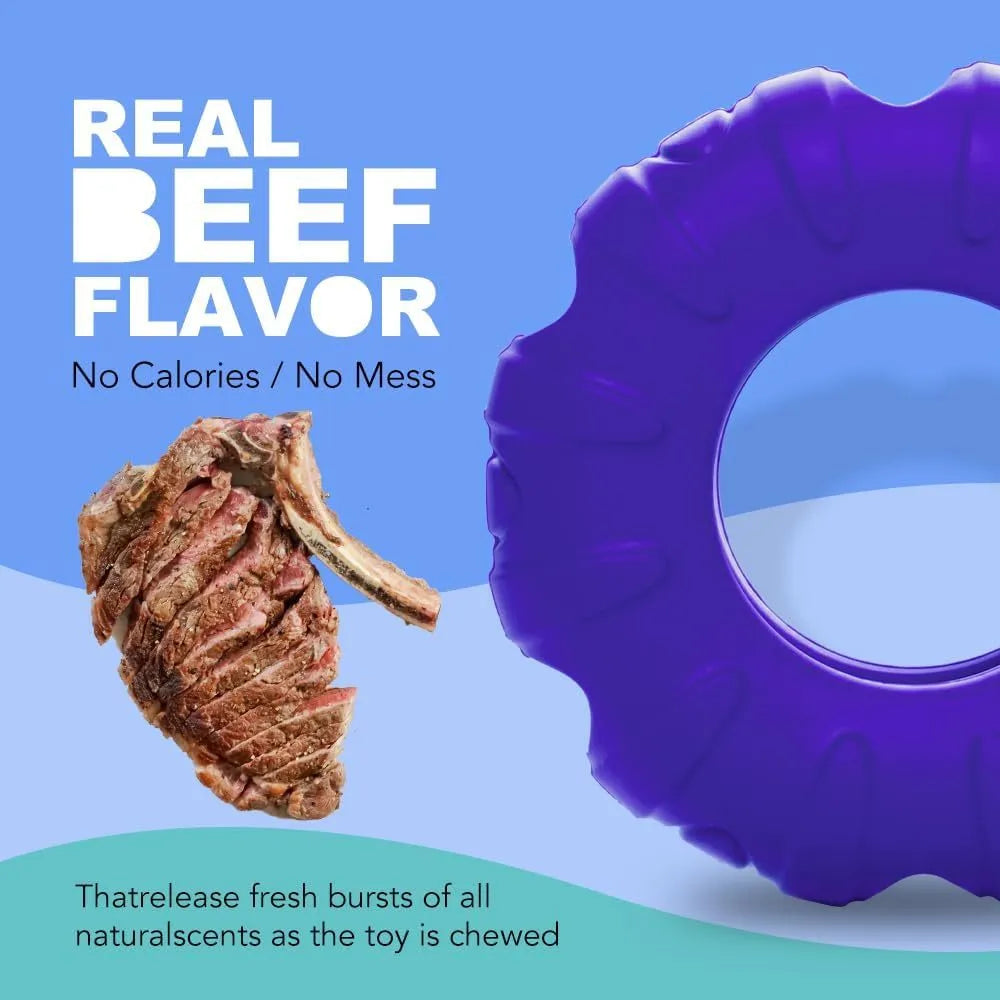 Blue, green, and red beef-flavoured tyre-shaped dog chew toy made from natural rubber.