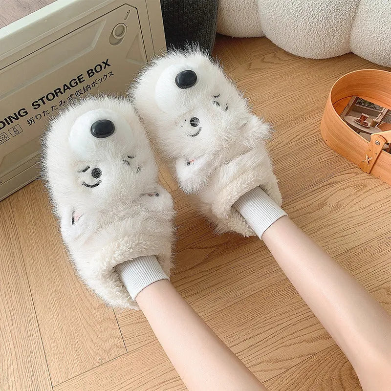 Grey and white cotton ankle wrap slippers with plush upper and non-slip sole
