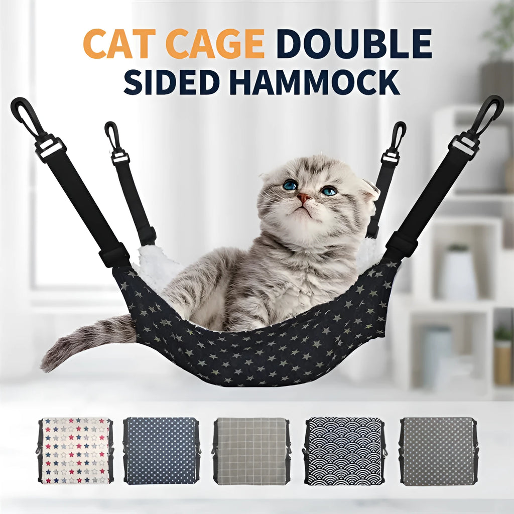 Cloth hanging cat bed with adjustable straps in a pet cage, available in sizes 27x27cm to 57x47cm and multiple patterns