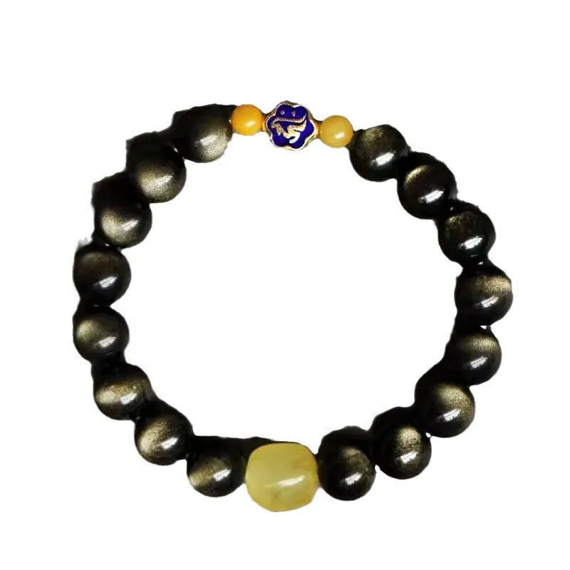 Golden obsidian ethnic bracelet with geometric shape and Chinese zodiac animal charm