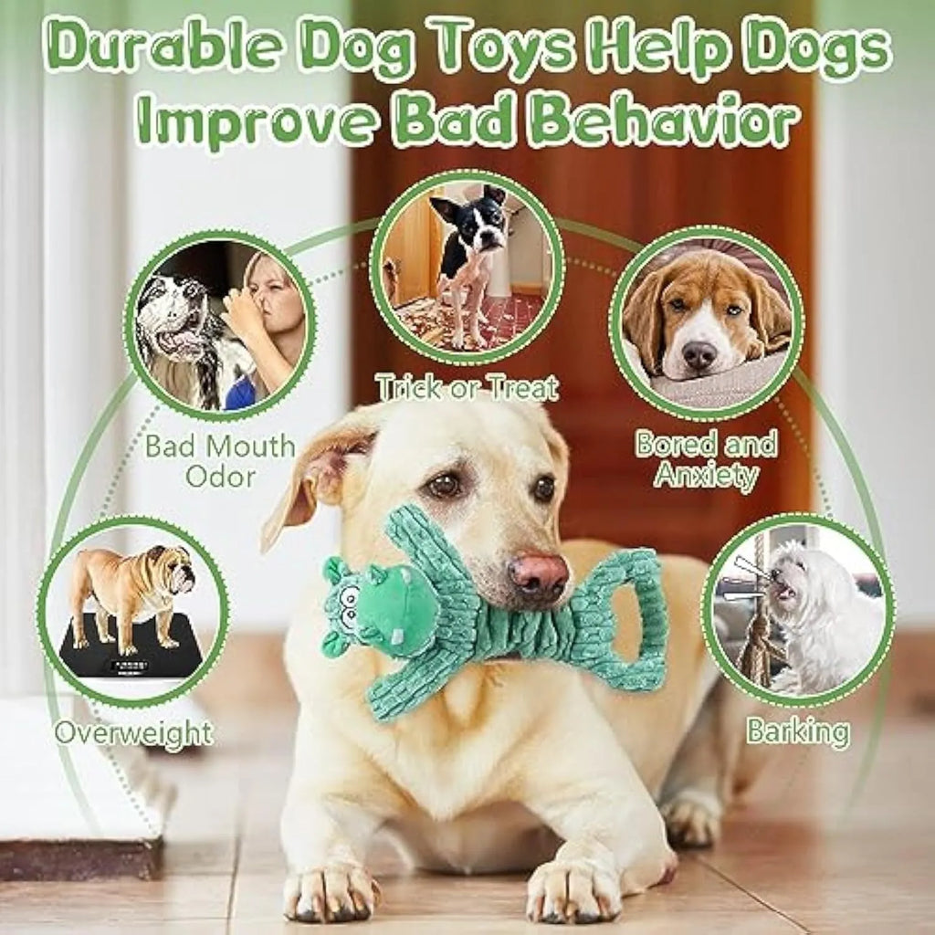 Large bright coloured soft plush dog toy with a handle, suitable for squeaky and tug of war play.