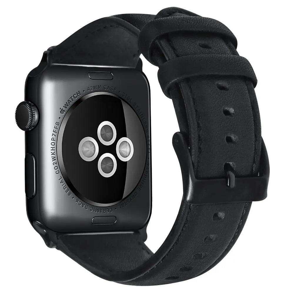 Top layer cowhide leather strap with oil wax finish for Apple Watch in black, 38-40mm width