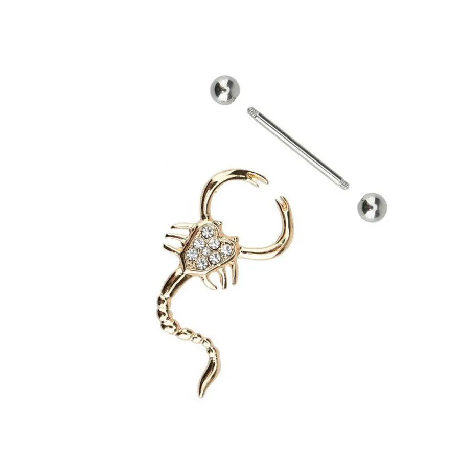 Gold scorpion belly ring with 316L medical steel bar and crystal diamond inlay on white background