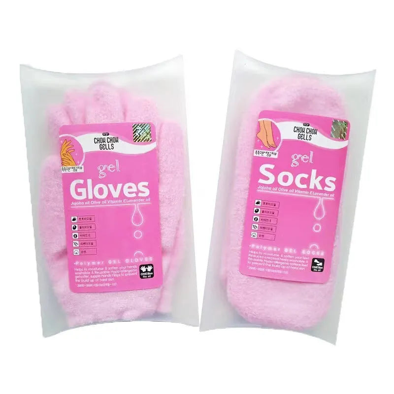 Pink spa gel gloves and socks for moisturising hand and foot care with Vitamin E enriched gel