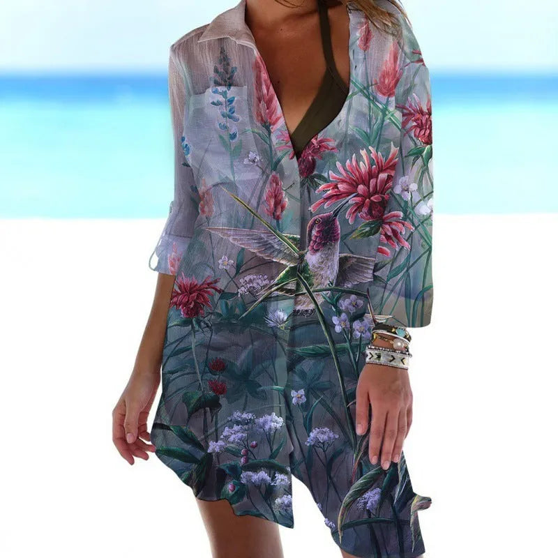 Women's slim fit long sleeve blouse with 3D bird-and-flower digital printing in polyester fabric