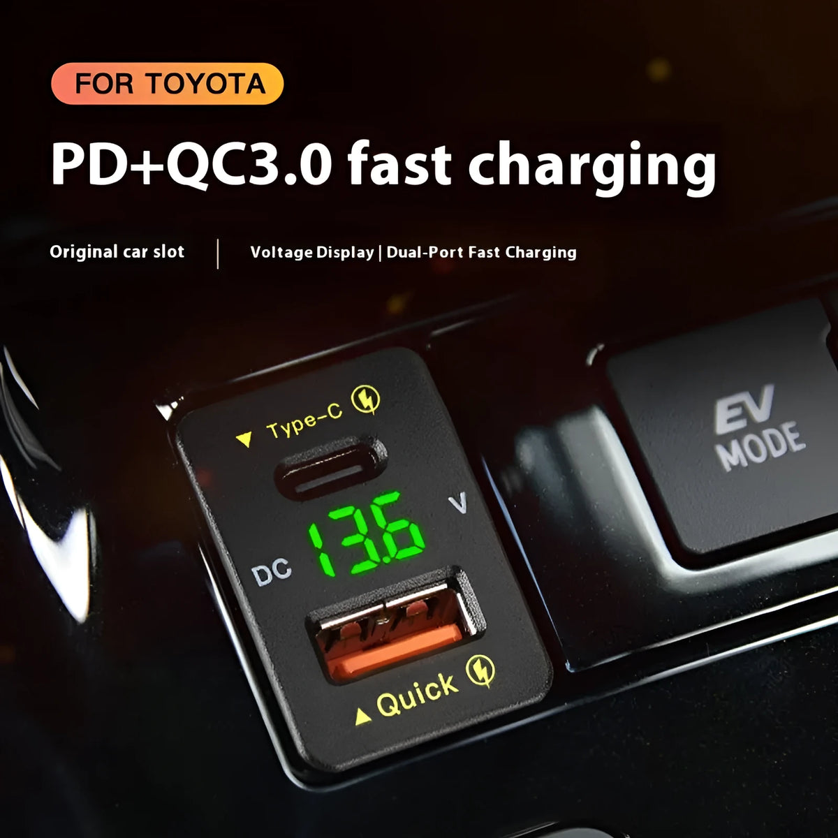 48W QC3.0 car phone charger, 12V/24V, red blue green LED, 33x23mm or 40x22mm, 21g