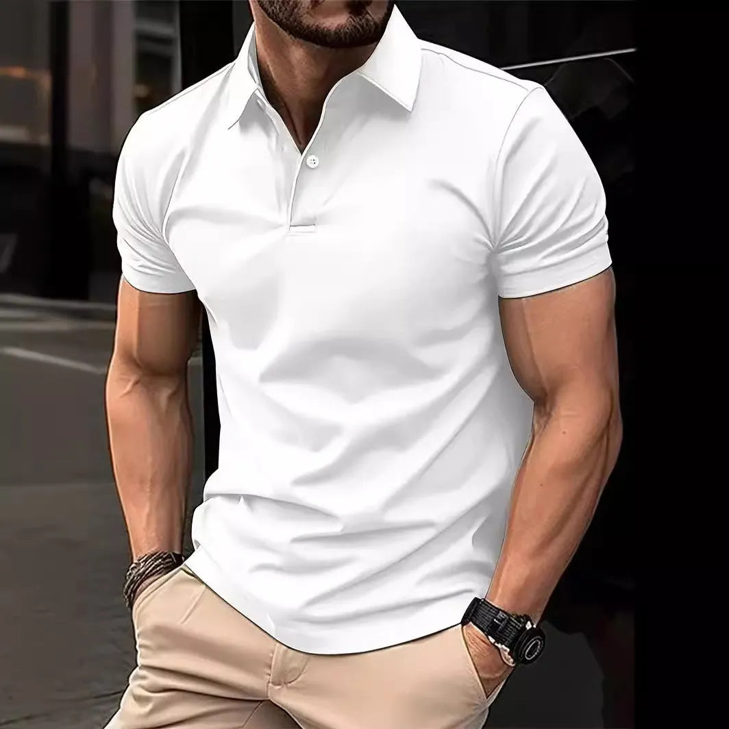 Men's slim fit short sleeve casual shirt in a solid colour on a hanger