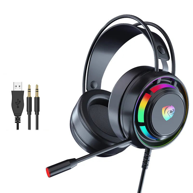 Black wired over-ear gaming headphones with a microphone and a long cable.