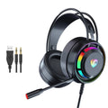 Black wired over-ear gaming headphones with a microphone and a long cable.