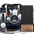 Beard grooming kit with peach wood tools, scissors, comb, brush, and balsam in a set.
