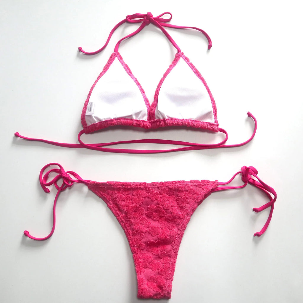 Women's floral fabric three-point lace-up bikini swimsuit in blue or rose red