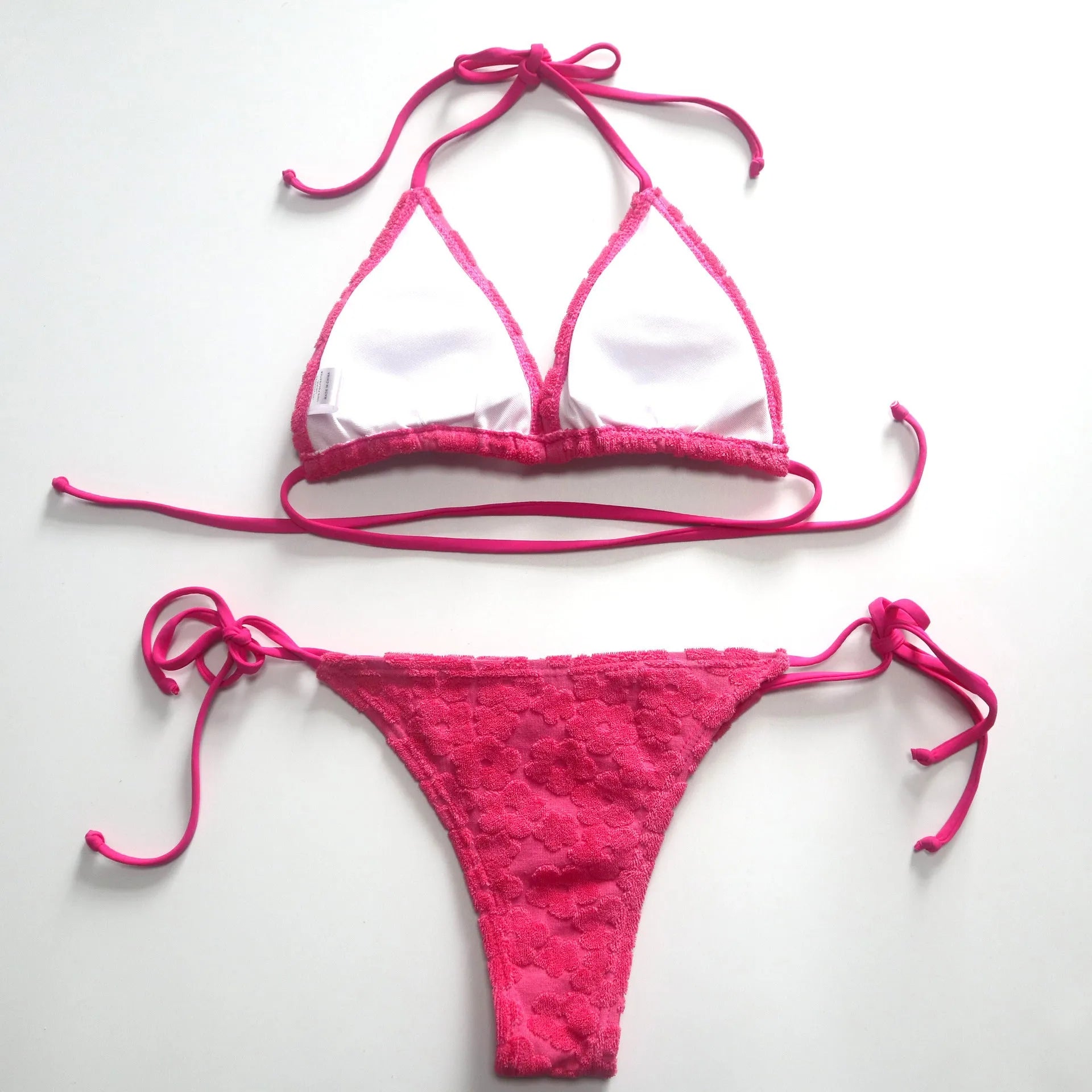 Women's floral fabric three-point lace-up bikini swimsuit in blue or rose red