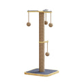 Natural pine wood cat climbing frame with a tufted post and a white windmill-style hanging ball toy.