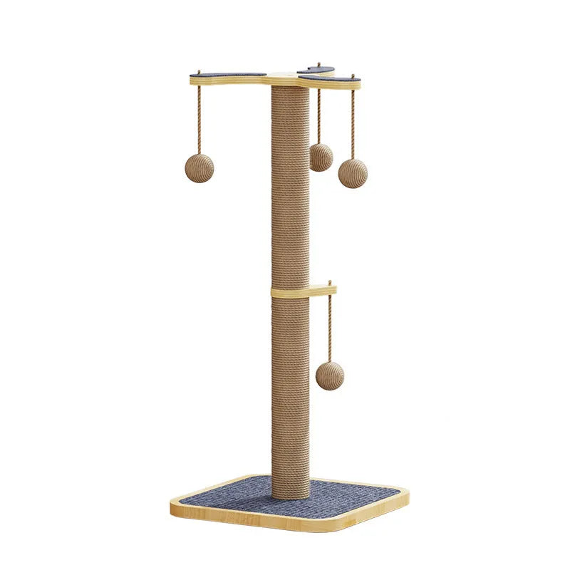 Natural pine wood cat climbing frame with a tufted post and a white windmill-style hanging ball toy.
