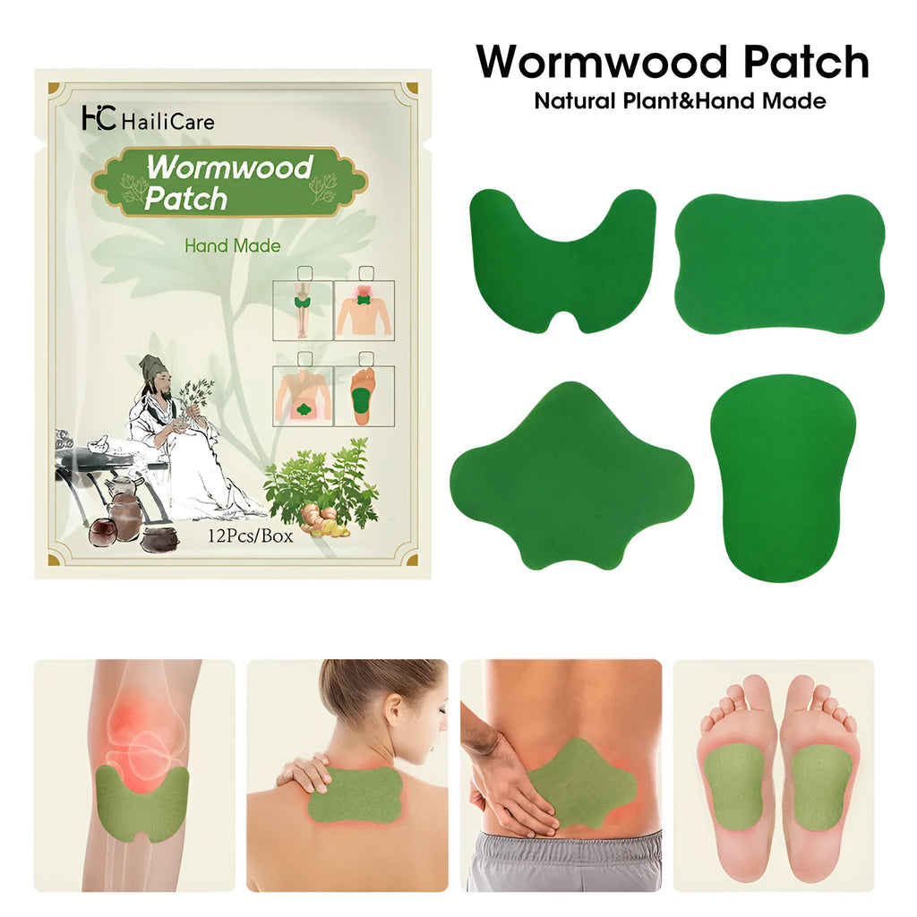 Chinese mugwort herbal patch set with knee, back, neck, and foot patches in 12-piece pack
