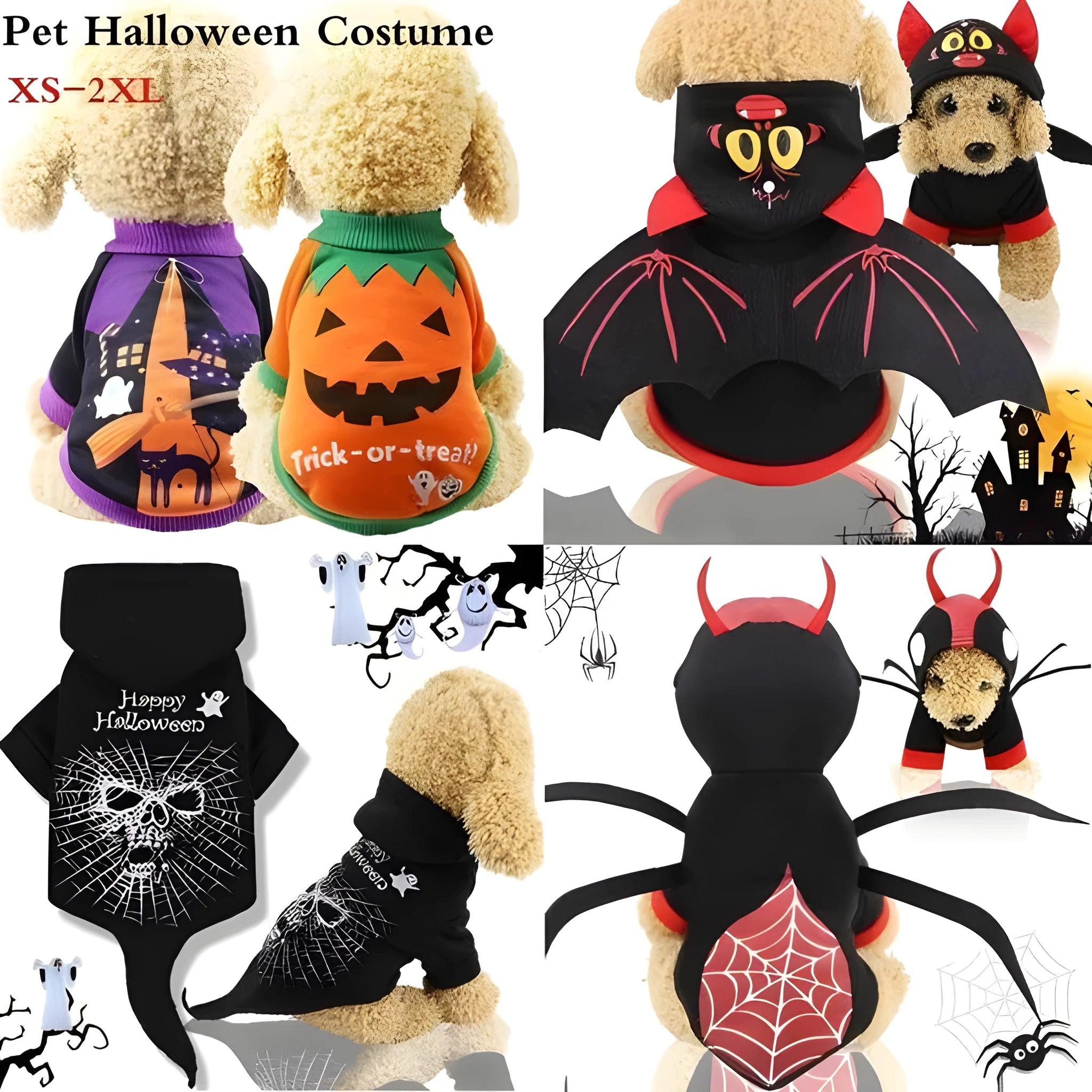 Pet clothes Halloween costume showing black cat spider pumpkin pullover on small dog, XS-2XL size options