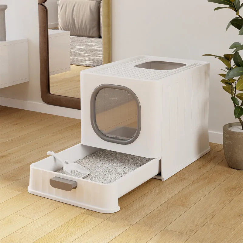 Fully enclosed large PP plastic cat litter box in Gentleman Gray, folding anti-splash design, 51x38x39cm