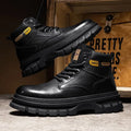 Men's brown lace-up Martin boots with round toe and rubber sole on a neutral background