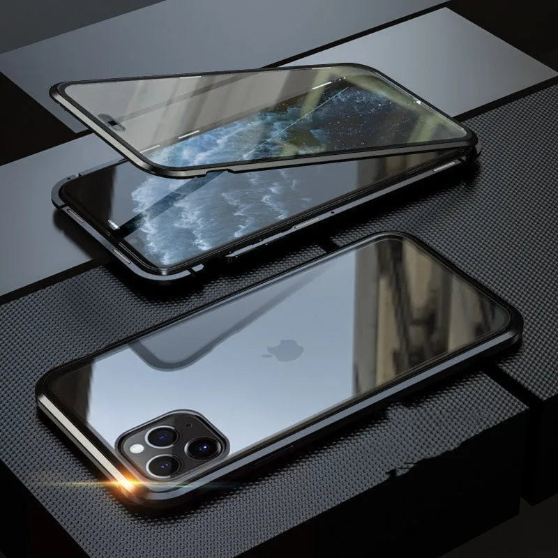 Machined glass clamshell anti-spy phone case in black, shown closed and open next to an iPhone.