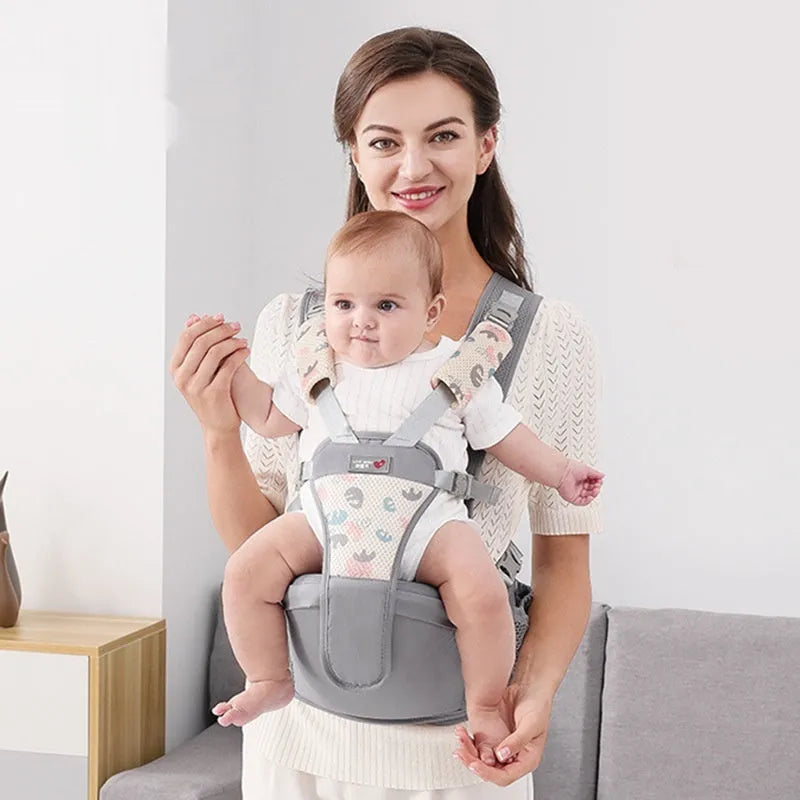 Baby waist stool carrier strap in breathable fabric for front and back carrying, pink colour option