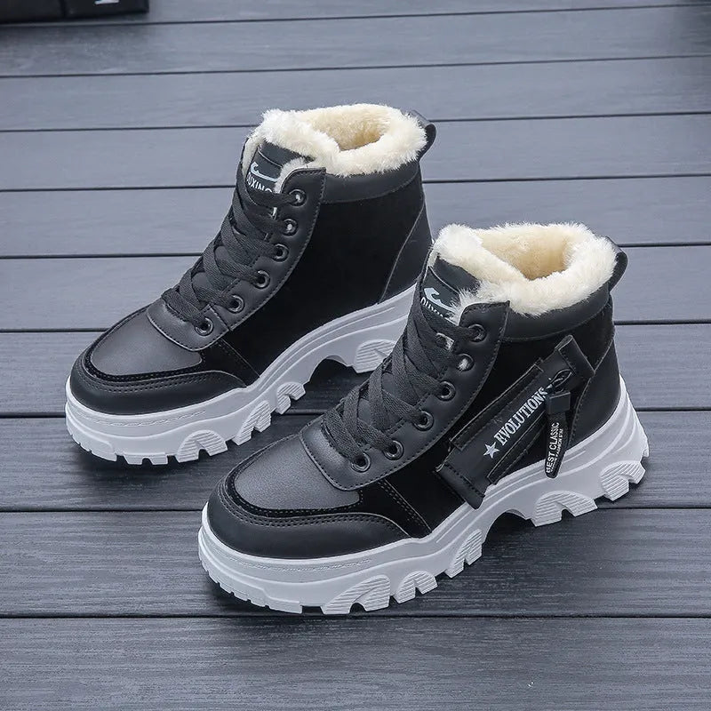 Women's winter platform ankle boots with mid heel, lace-up front, round toe, solid colour in gray