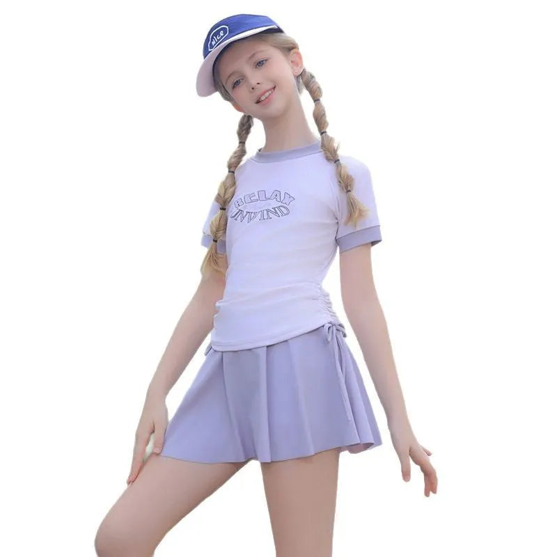 Conservative split high waist swimsuit for children with skirt in pink or purple polyester plus sizes 3XL to 7XL