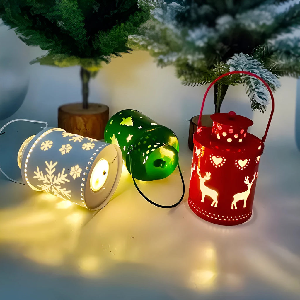 Green wrought iron Nordic style electronic candle lantern with LED flickering lights