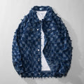 Blue loose-fit hooded cowboy denim jacket for men with sandblasted finish, front view