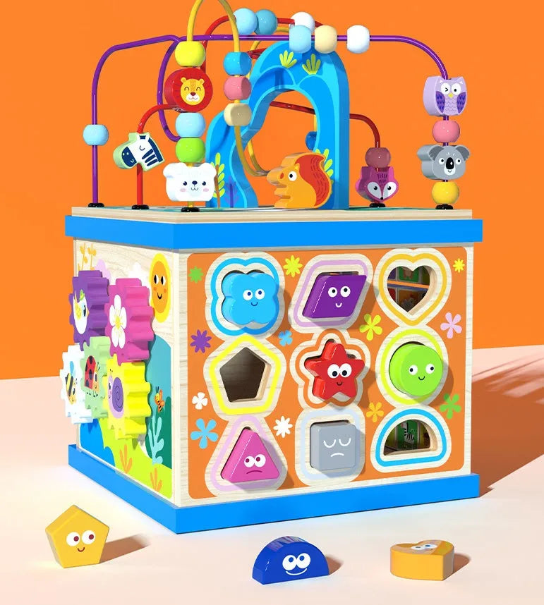 Blue wooden bead maze treasure box learning toy for babies and toddlers with multiple play scenes