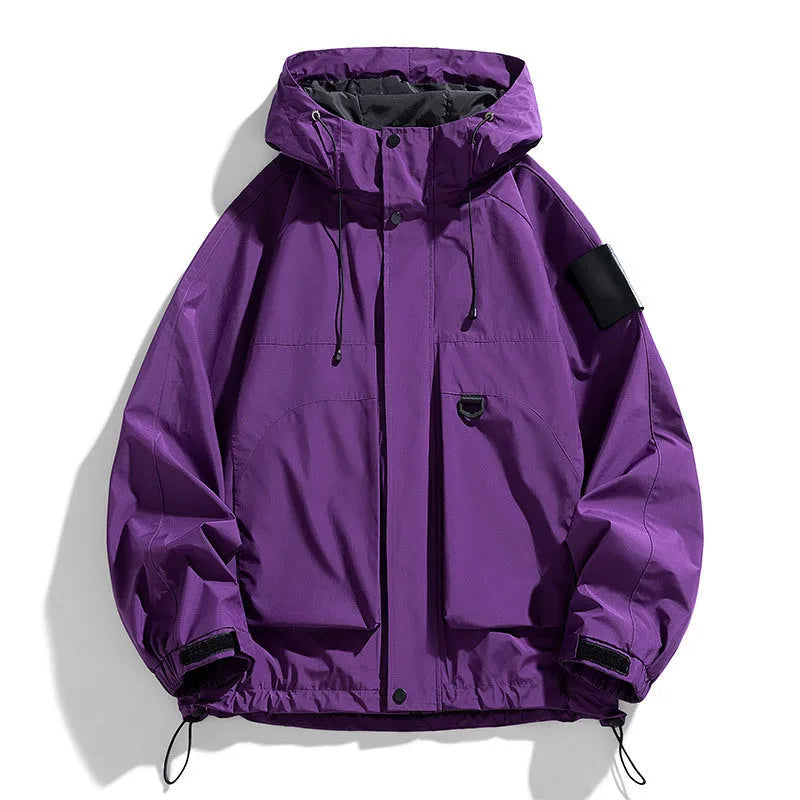 Men's black waterproof windproof hooded coat with polyester fibre construction