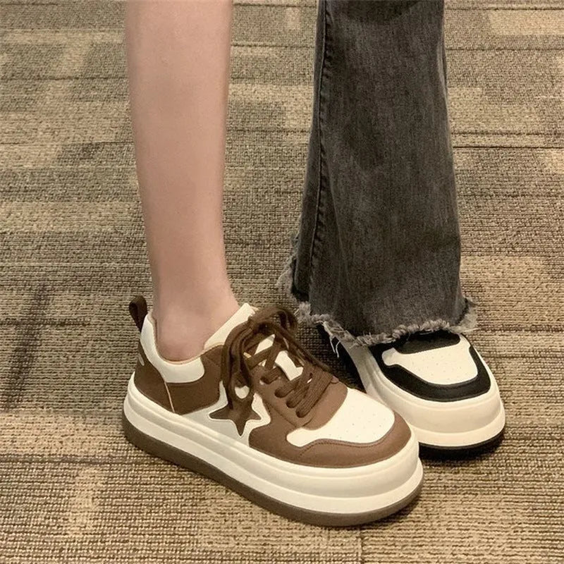 Women's casual star round head heightening sneakers with lace-up closure, rubber sole, black and khaki colour options
