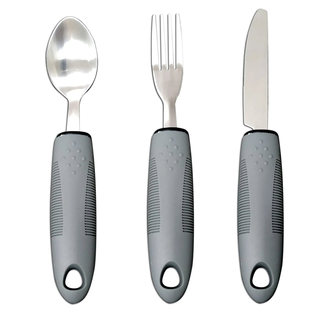Stainless steel anti-shake cutlery with black rubberised handles, shown in a curved three-piece set.