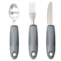 Stainless steel anti-shake cutlery with black rubberised handles, shown in a curved three-piece set.