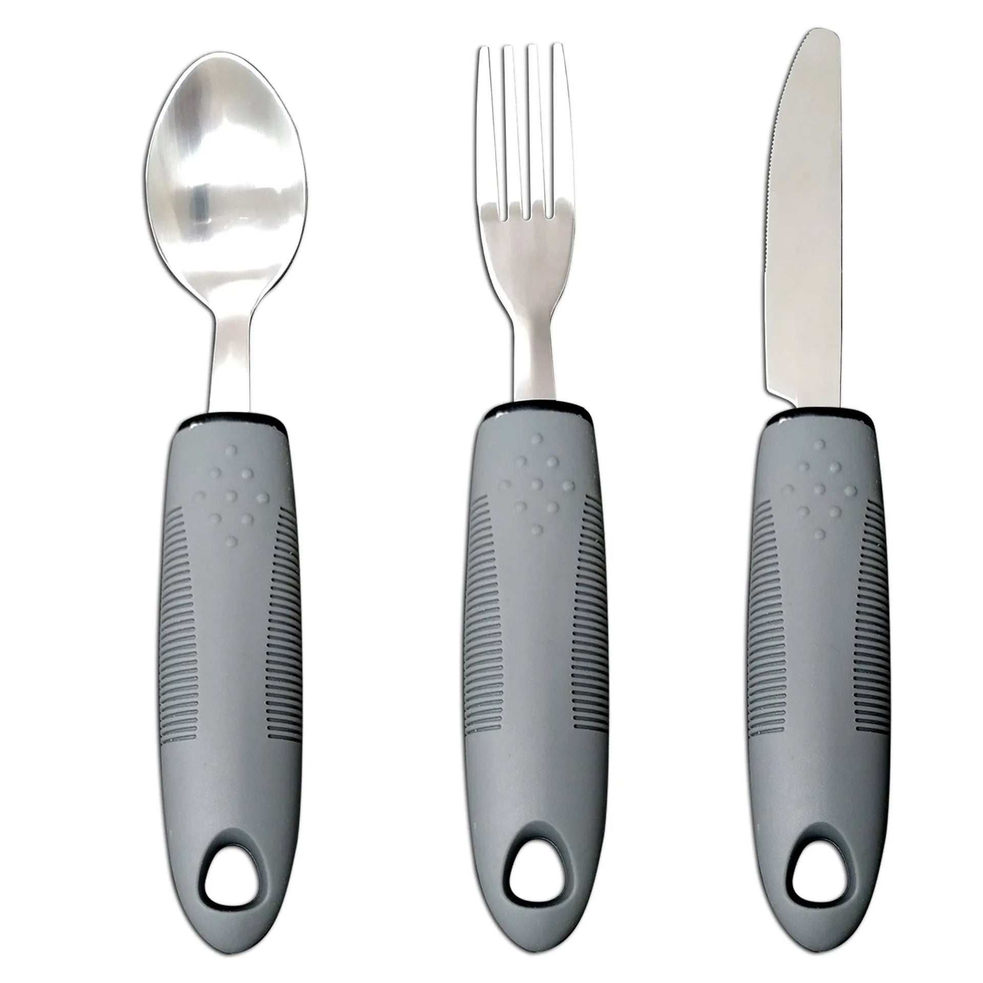 Stainless steel anti-shake cutlery with black rubberised handles, shown in a curved three-piece set.