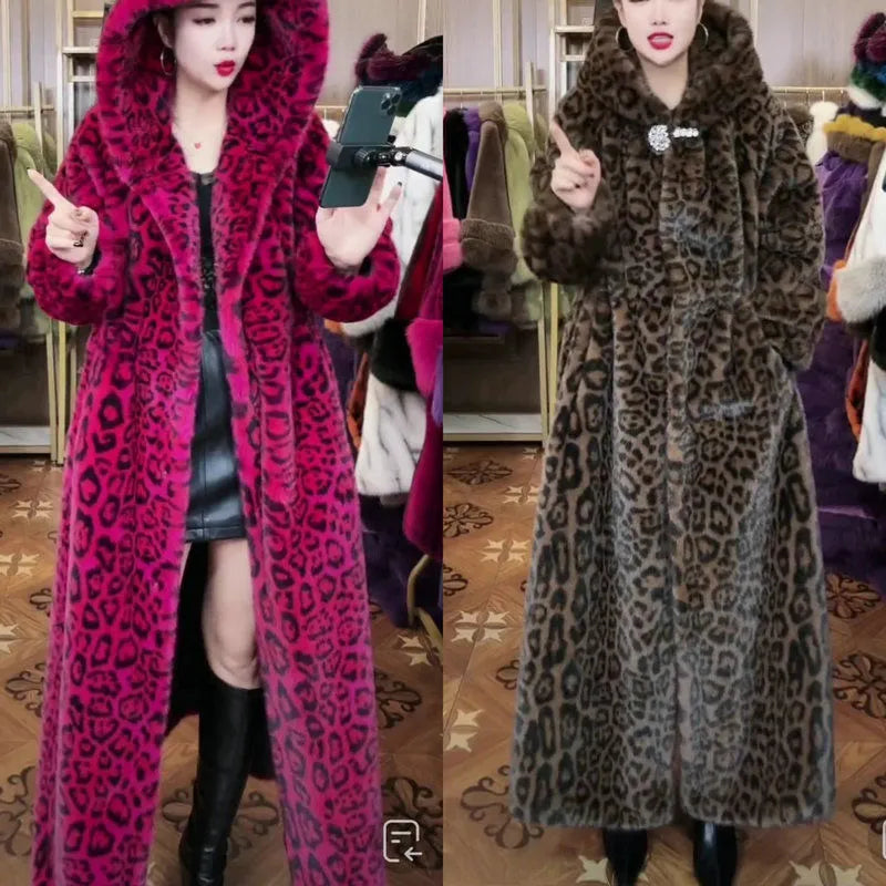 Long brown leopard print faux fur coat on a model, showing its loose plus-size fit and 100cm length.