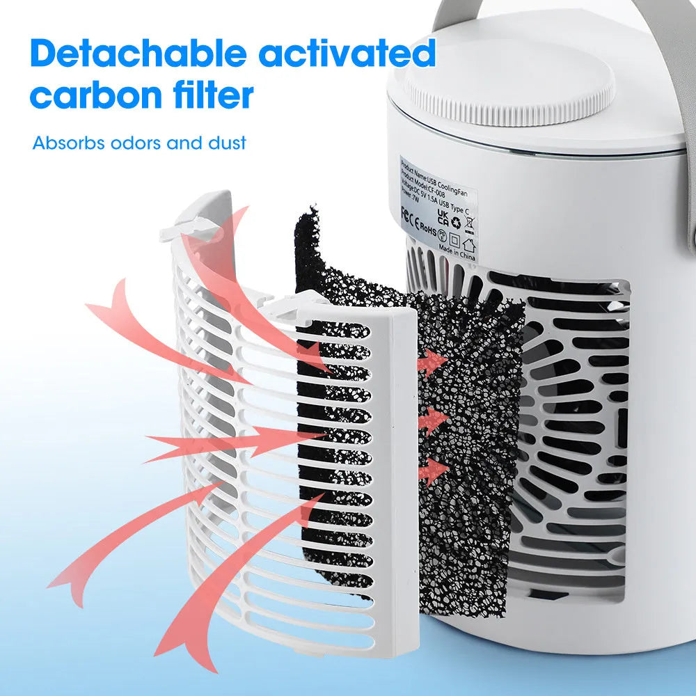 Mini USB air cooler with humidification spray fan on a desk with 3 speed modes and bladeless design