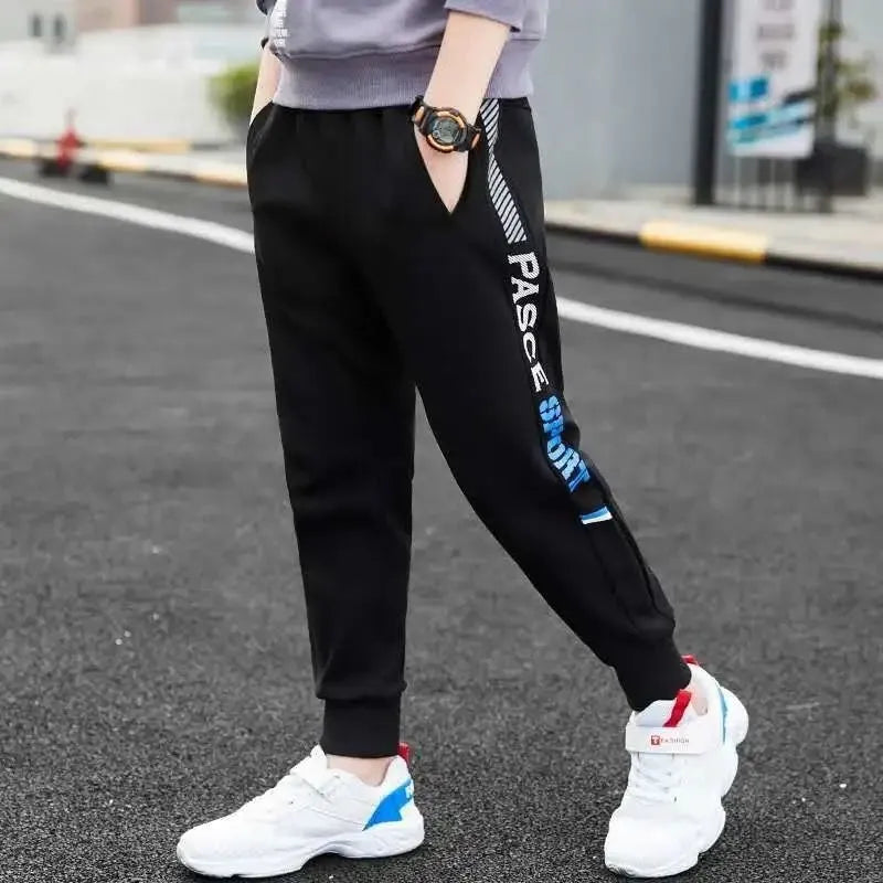 Children's loose sports pants in polyvinyl alcohol fibre with stripe pattern and brushed fabric, sizes 110-170cm