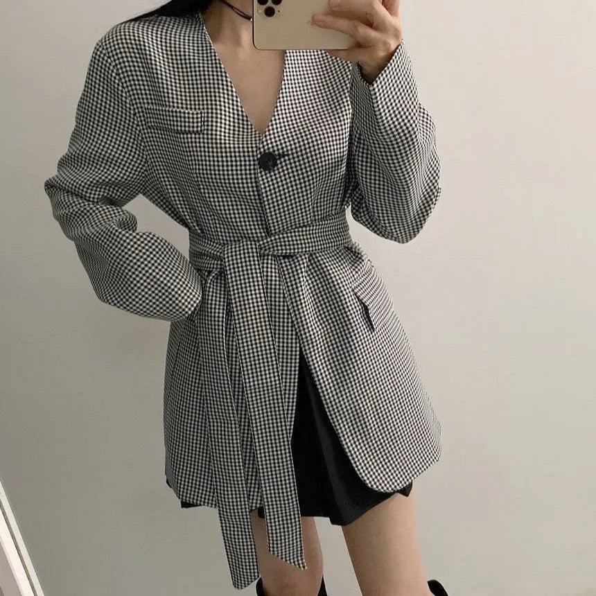 Women's houndstooth slim tied suit with long sleeves, average size, two-piece coat and trousers set