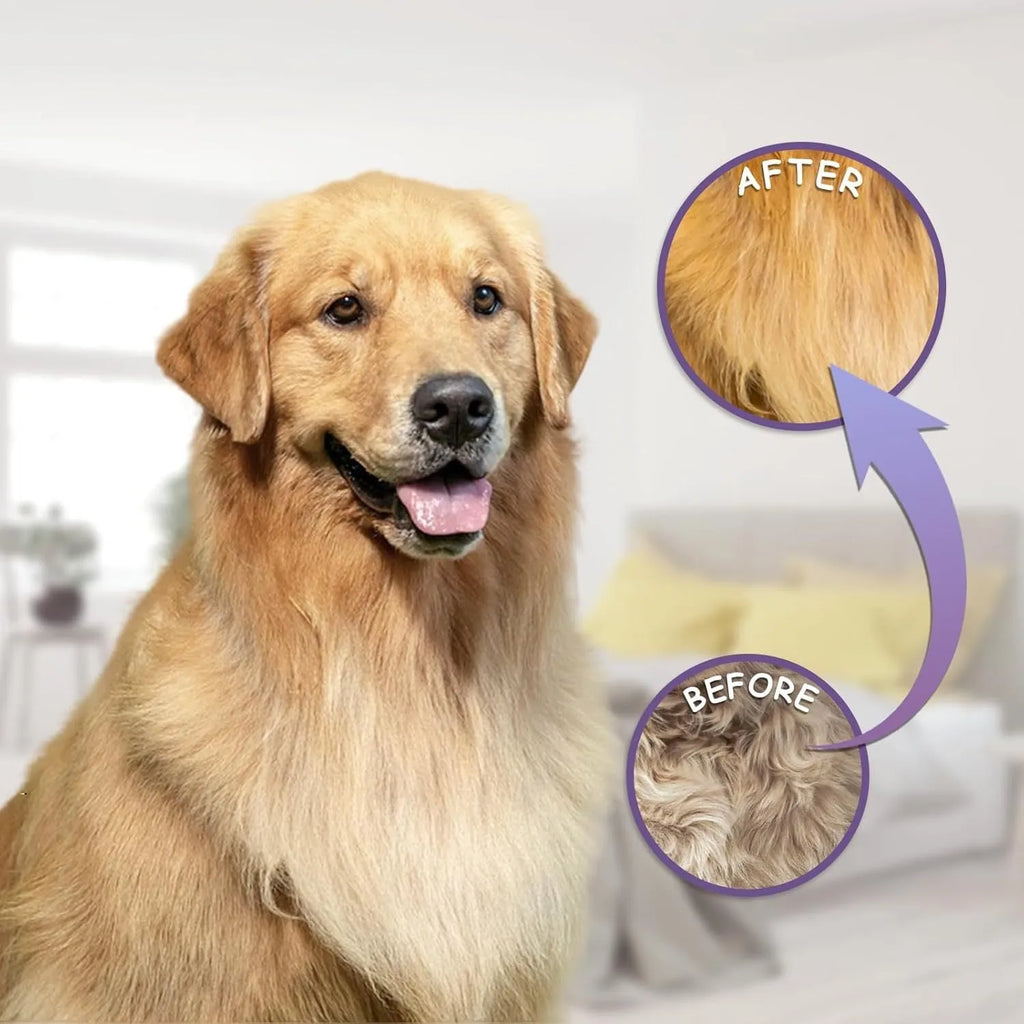 Purple pet detangling comb with stainless steel teeth on a 27cm long ergonomic handle.